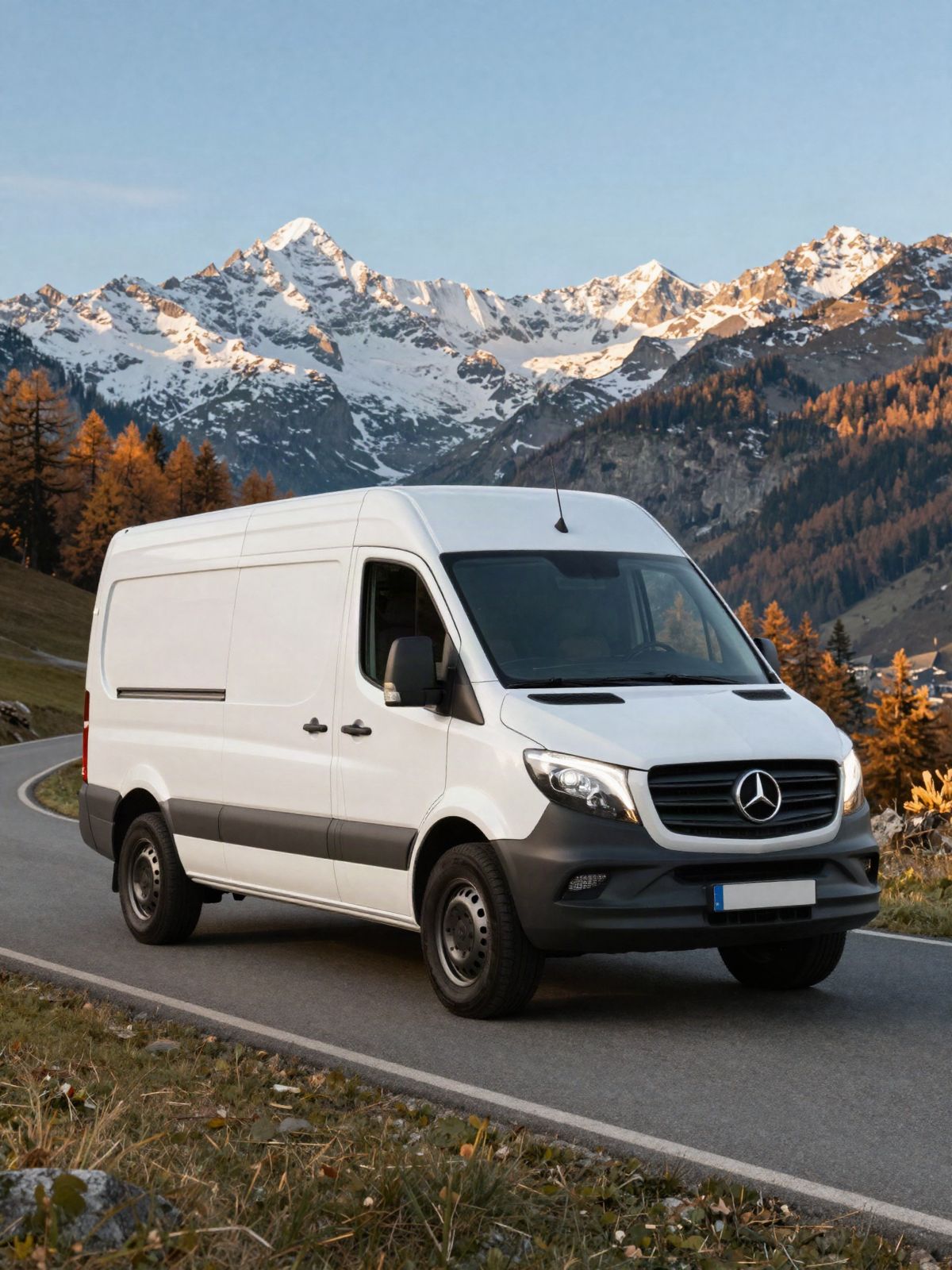 Fourgon utilitaire blanc sur une route de montagne en automne